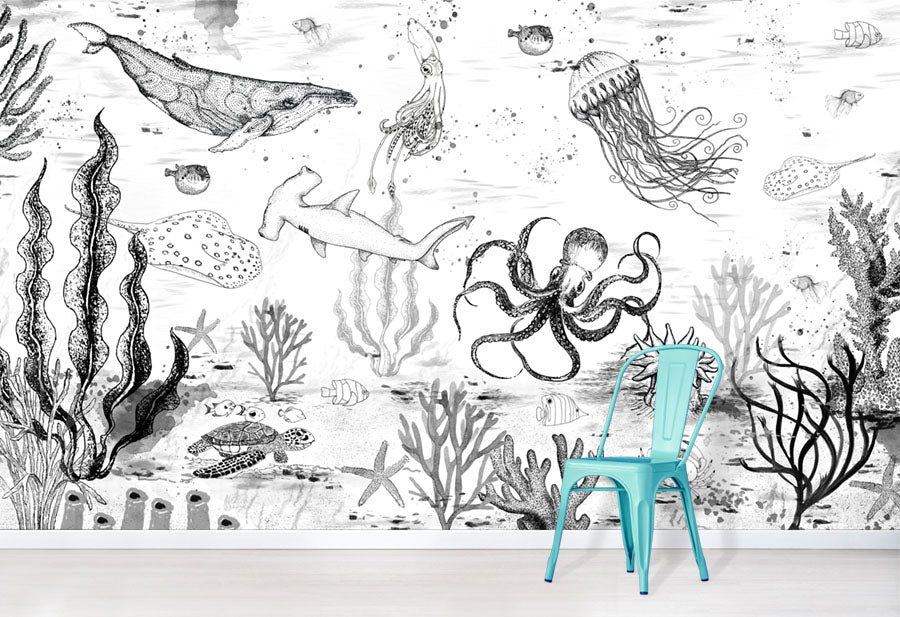 Black and White Under The Sea wallpaper mural with blue chair