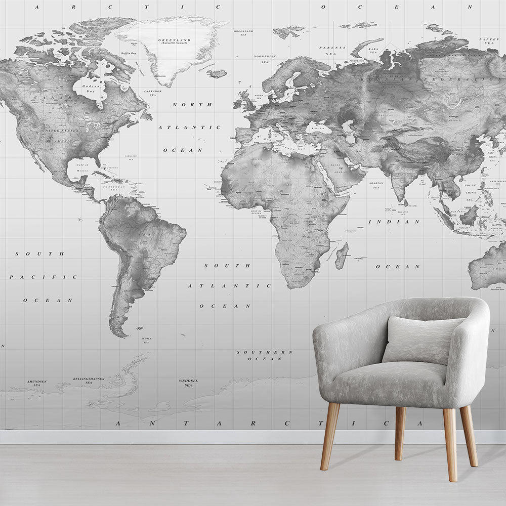 Black and White Atlas World Map Wallpaper Mural