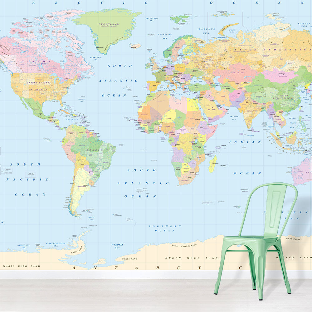 Colourful World Map with Antarctica Wall Mural Wallpaper