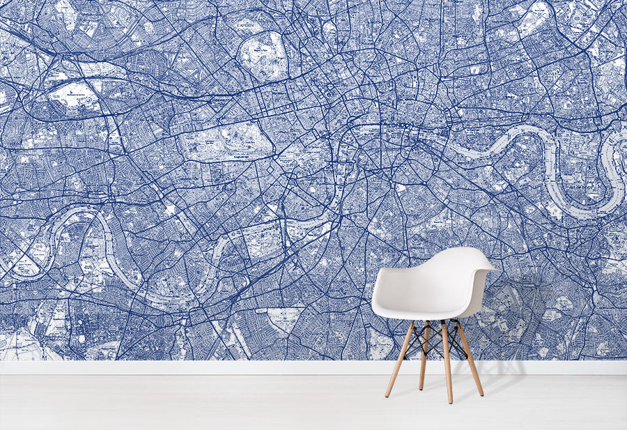 Blue Custom Explorer Map Wallpaper wall mural in situ with white chair