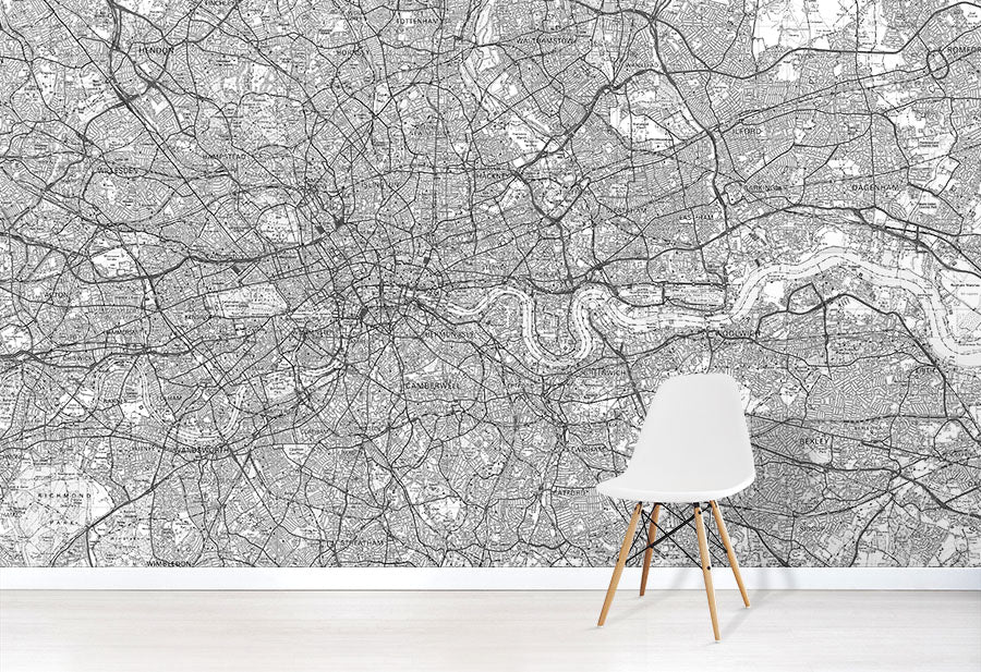 Custom OS Landranger Wall Mural Map in Black & White in situ with white chair