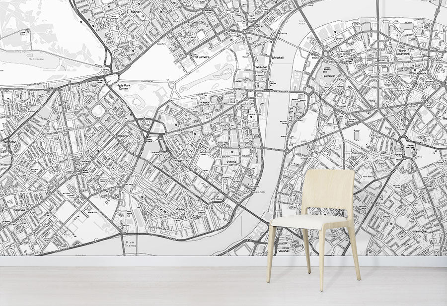 Custom OS Street Map Black and White Wallpaper Mural in situ with white chair