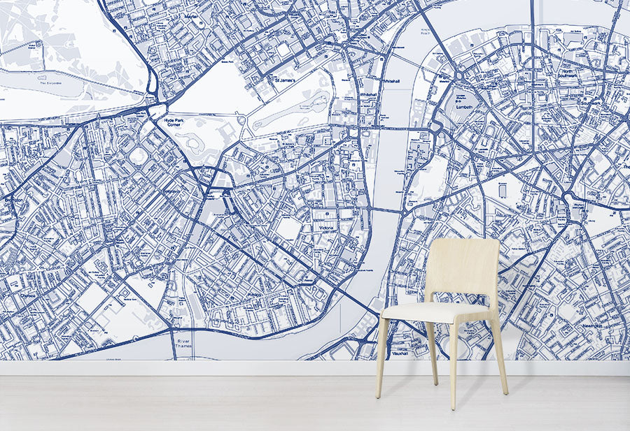 Blue Custom OS Street Map Wallpaper in situ with chair