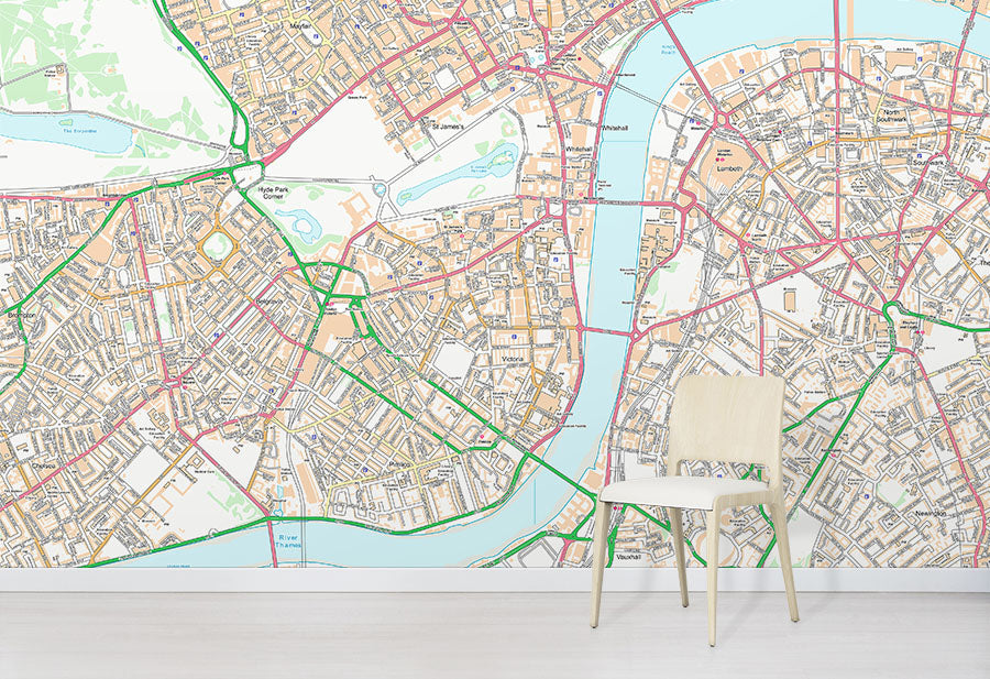 Customised OS Street Map Wallpaper Wall mural in situ with chair