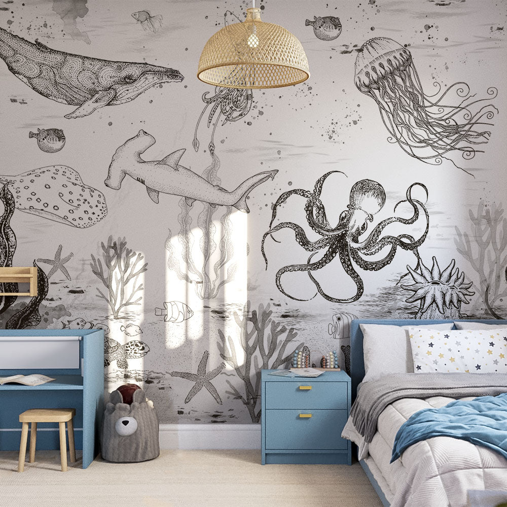 Black and White Under The Sea Ocean creatures wallpaper mural