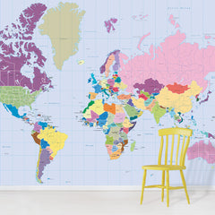 Vibrant Colourful World Map full wallpaper mural design