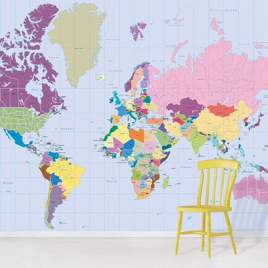 Vibrant Colourful World Map full wallpaper mural design