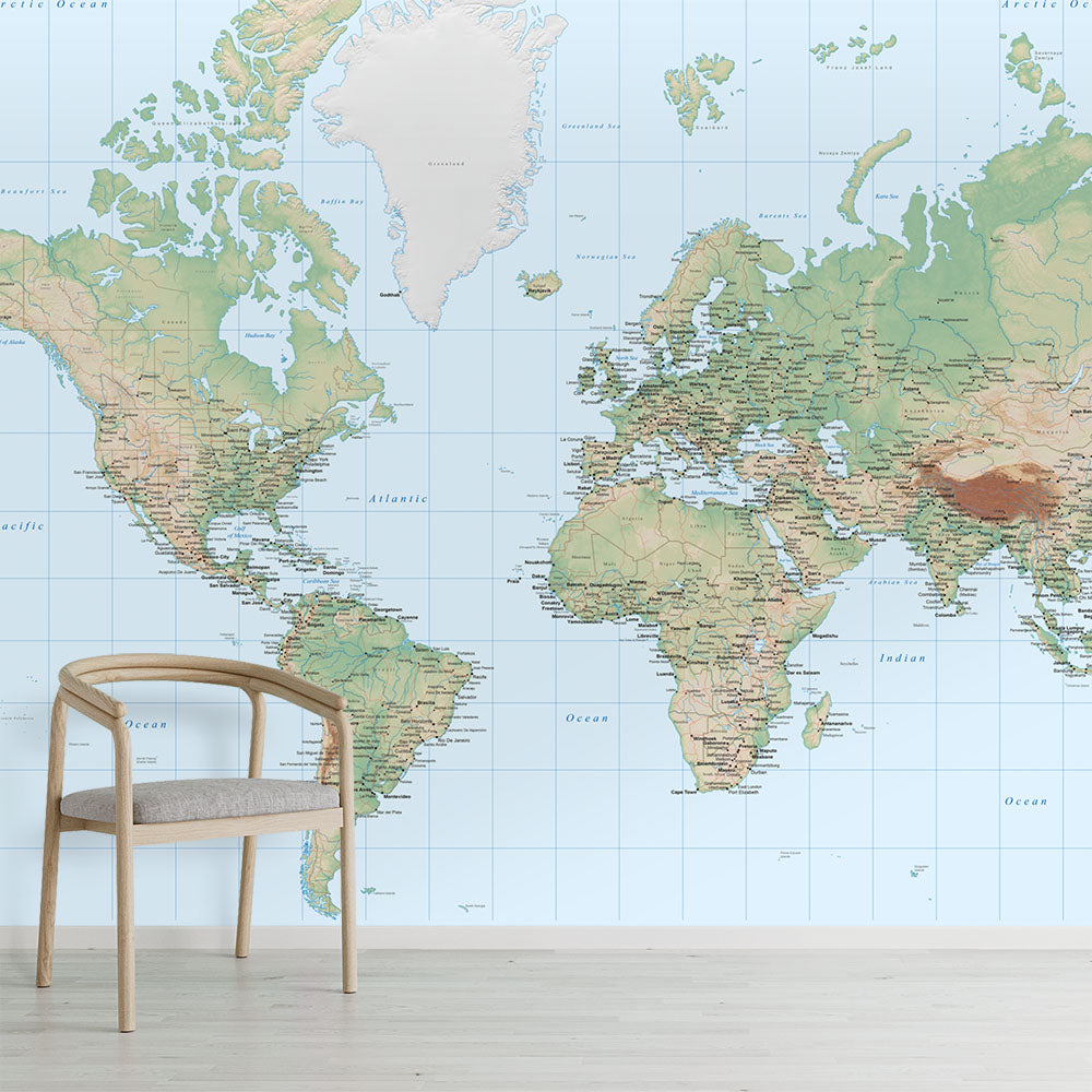 World Map Wallpaper installed in a room setting