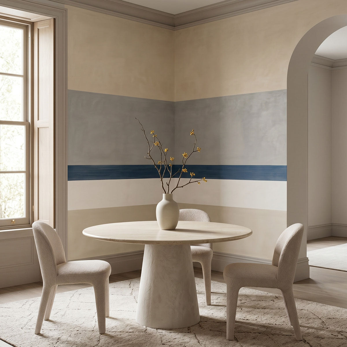 Agnes Balance wallpaper mural shown in dining room with round table and window