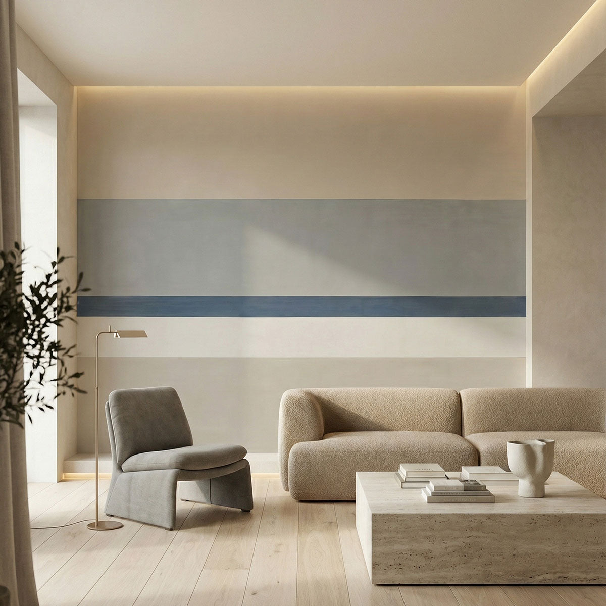 Agnes Balance wallpaper mural shown in living room with cream sofa and grey chair