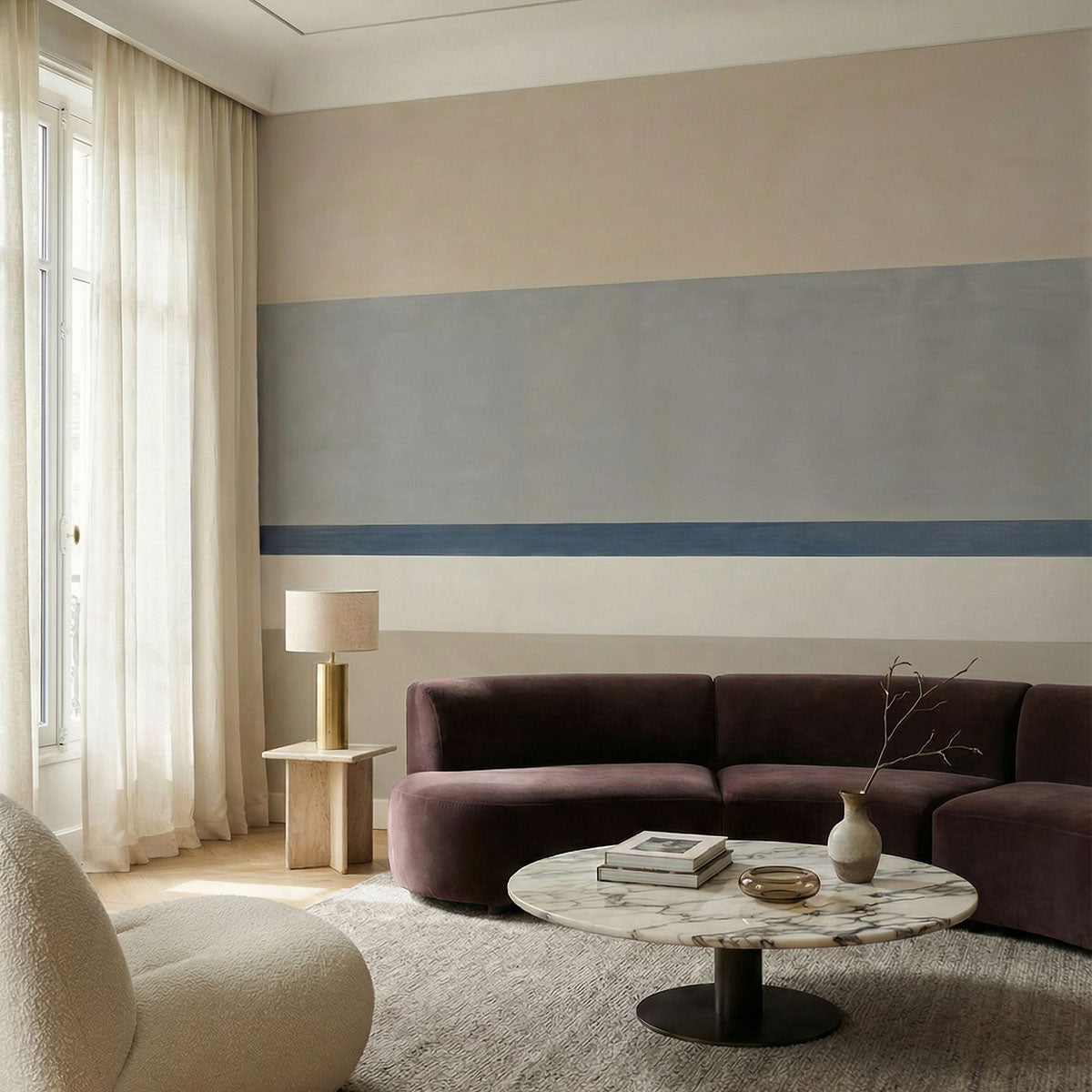 Agnes Balance wallpaper mural shown in living room with purple sofa