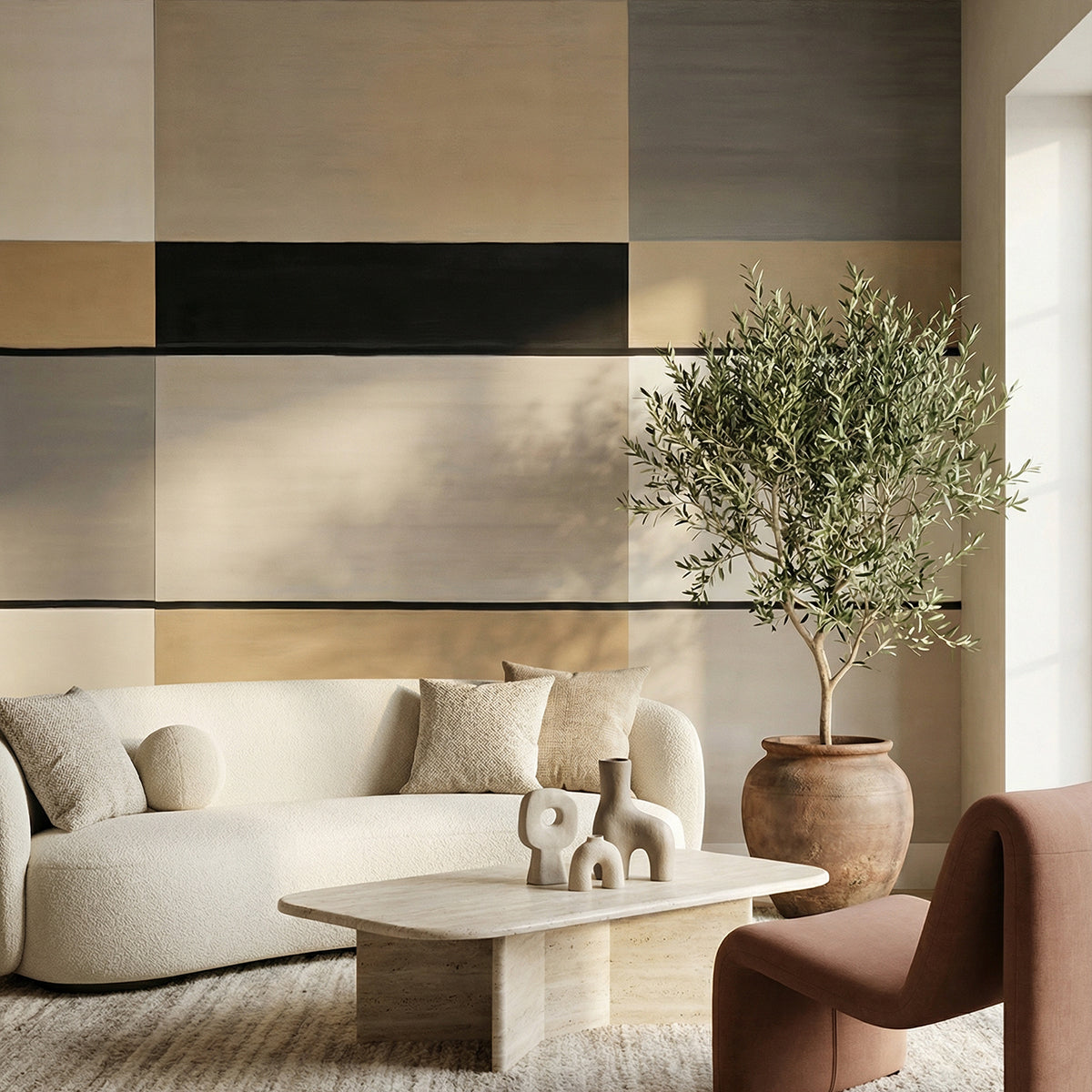 Agnes Field wallpaper mural shown in living room with cream sofa and rust chair