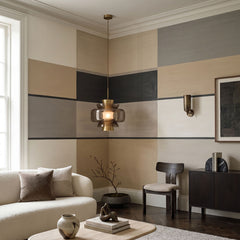 Agnes Field wallpaper mural shown in living room with cream sofa and sideboard