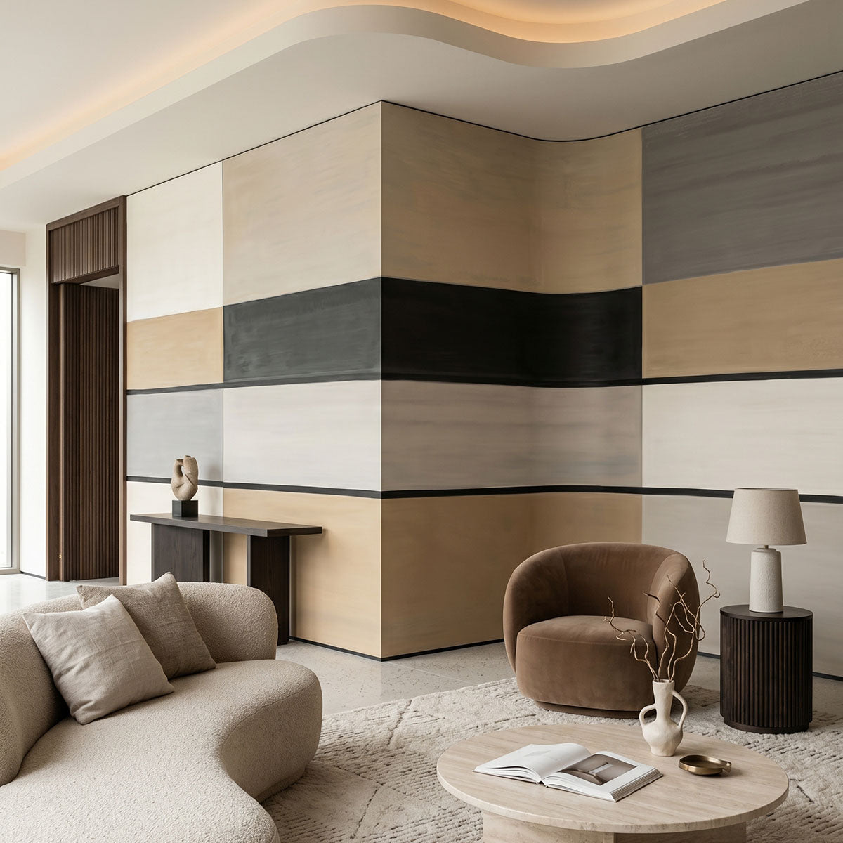 Agnes Field wallpaper mural shown in living room with curved sofa