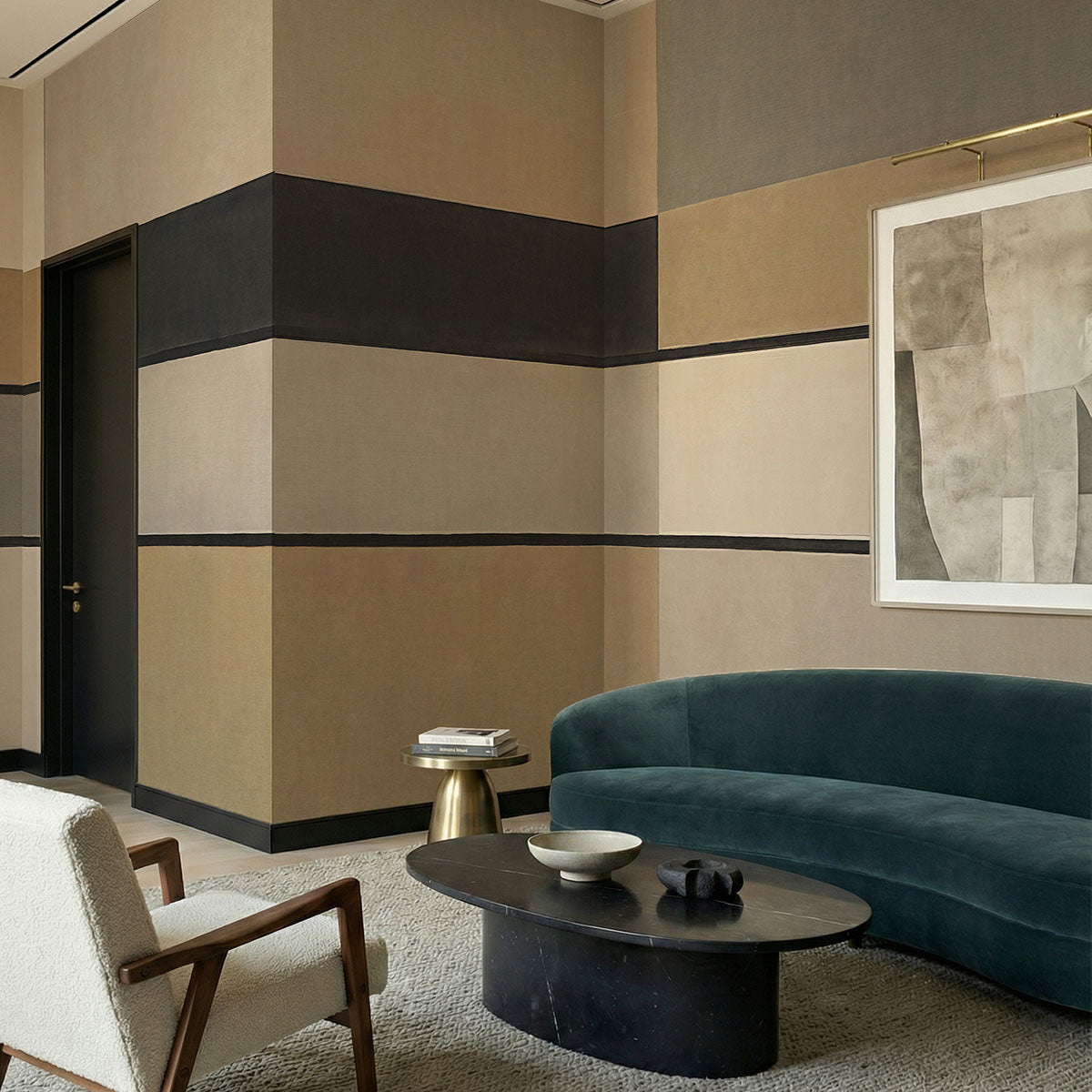 Agnes Field wallpaper mural shown in living room with teal sofa