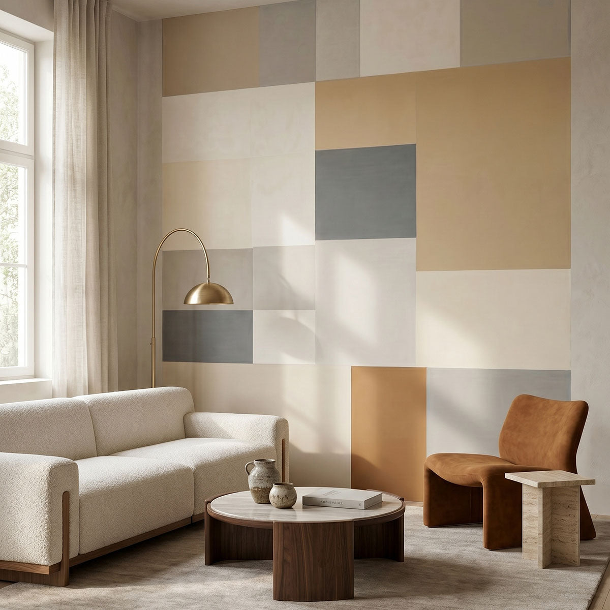 Agnes Plane wallpaper mural shown in living room with cream sofa and brown chair