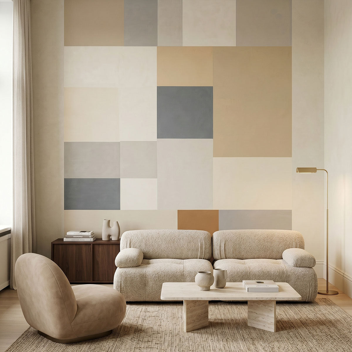 Agnes Plane wallpaper mural shown in living room with cream sofa and two chairs