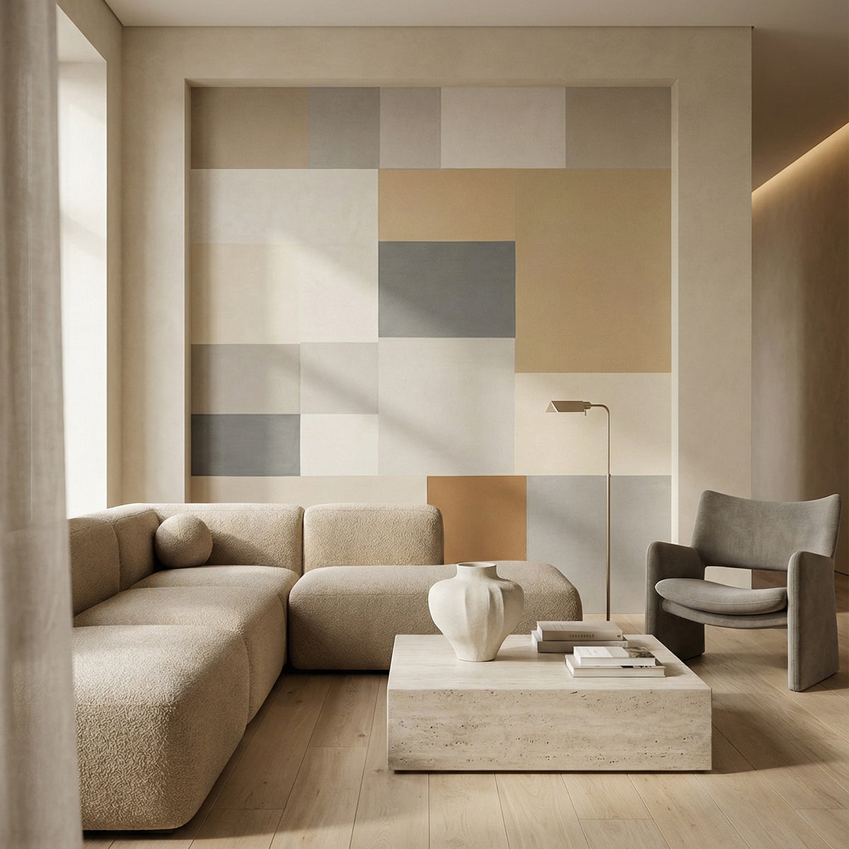 Agnes Plane wallpaper mural shown in living room with sectional and sofa