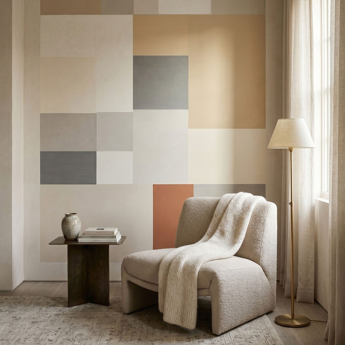 Agnes Plane wallpaper mural shown in reading corner with boucle chair