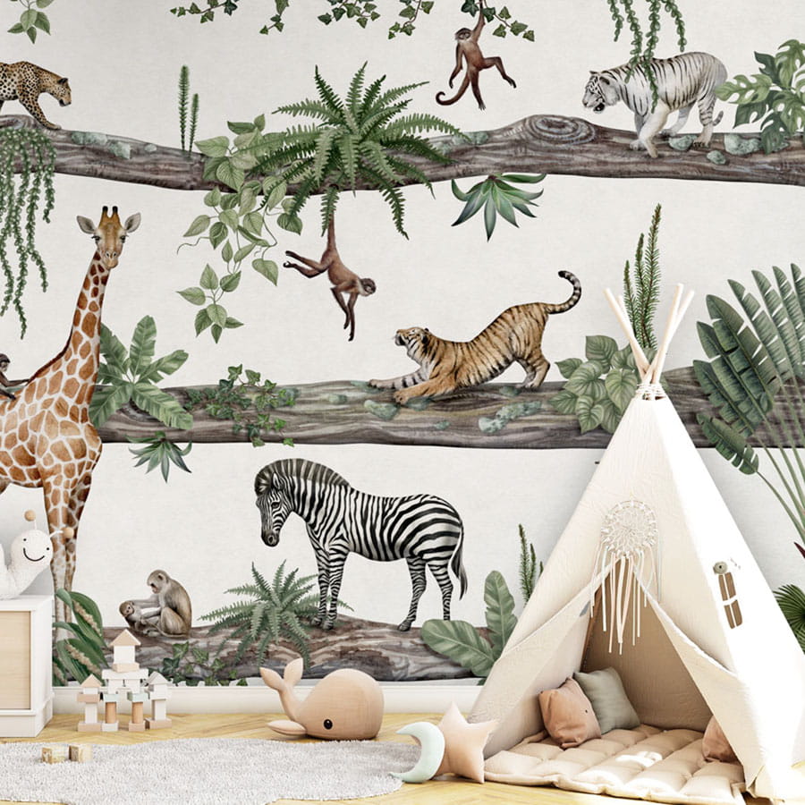 Amazing Animals jungle wallpaper mural in a children’s playroom with a white tipi