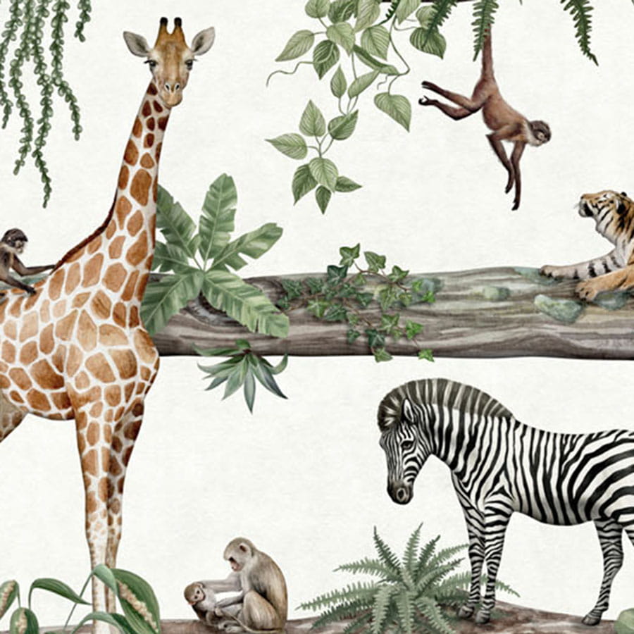 Close-up of the Amazing Animals jungle wallpaper mural with illustrated safari animals