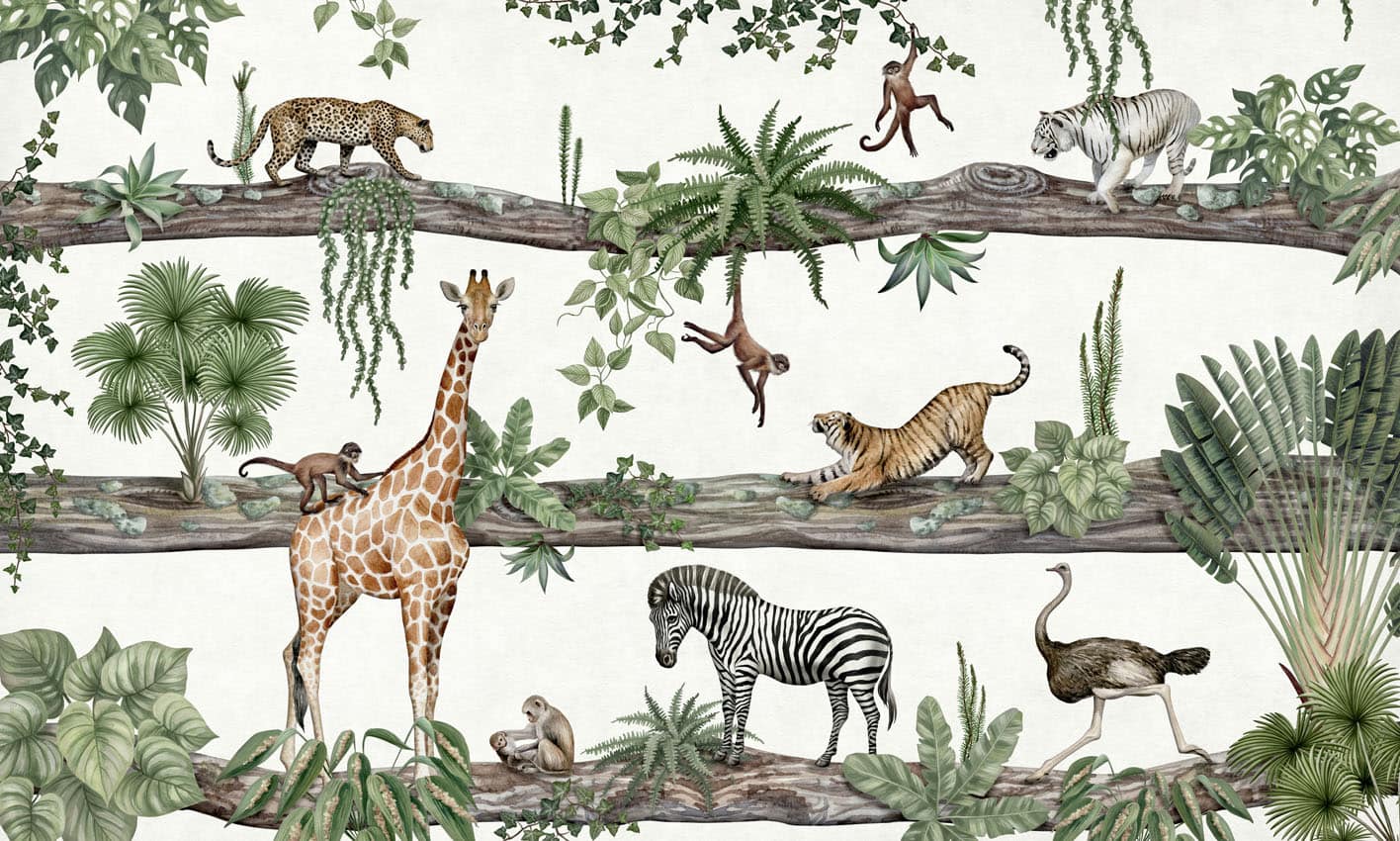 Amazing Animals wallpaper mural with giraffe, tiger, zebra, monkeys and botanical foliage