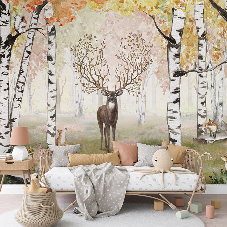 Amazing Antlers Autumn wallpaper mural in a children’s bedroom square