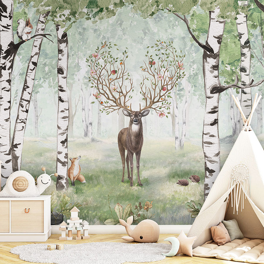 Amazing Antlers Summer wallpaper mural in a children’s playroom tipi