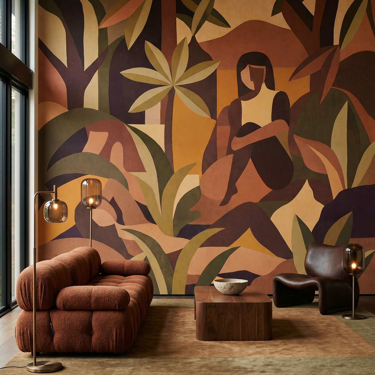Amber Bloom wallpaper mural shown in living room with brown armchair