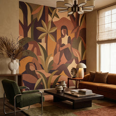 Amber Bloom wallpaper mural shown in living room with brown sofa and green chair