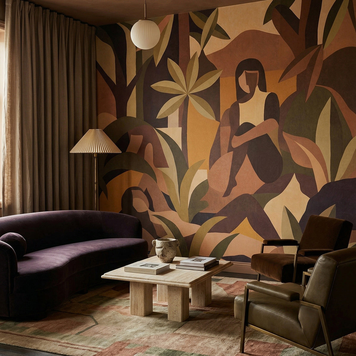 Amber Bloom wallpaper mural shown in living room with purple sectional