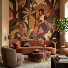 Amber Bloom wallpaper mural shown in living room with rust sofa