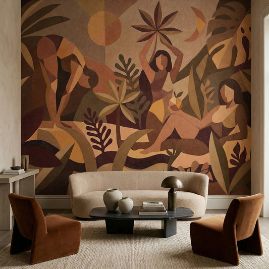 Amber Flora wallpaper mural shown in living room with cream sofa and brown armchairs