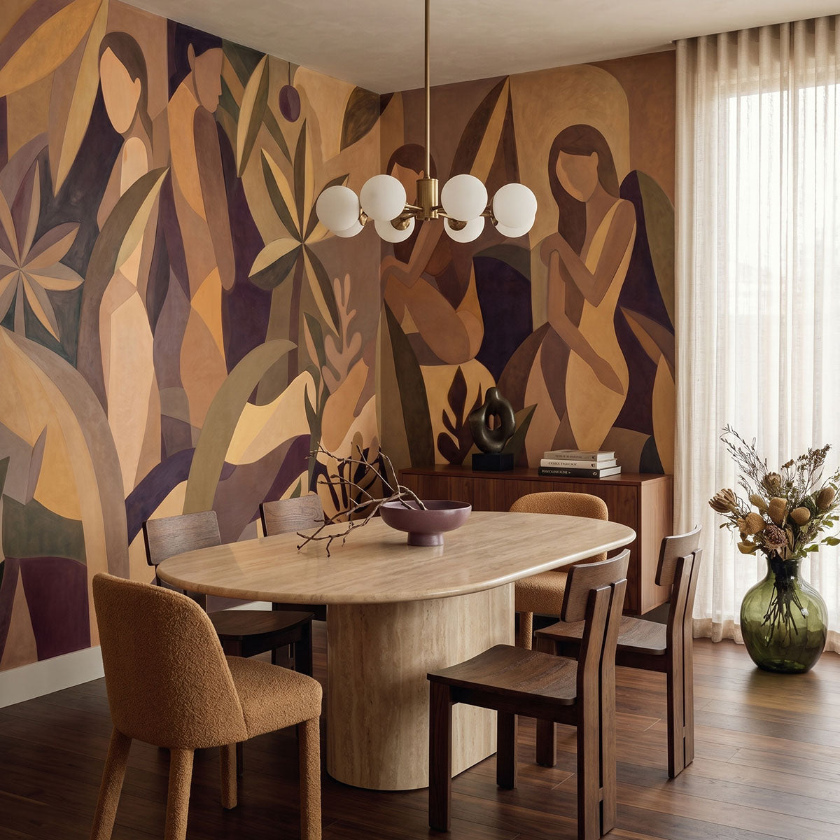 Amber Muse wallpaper mural shown in dining room with oval table and mixed chairs