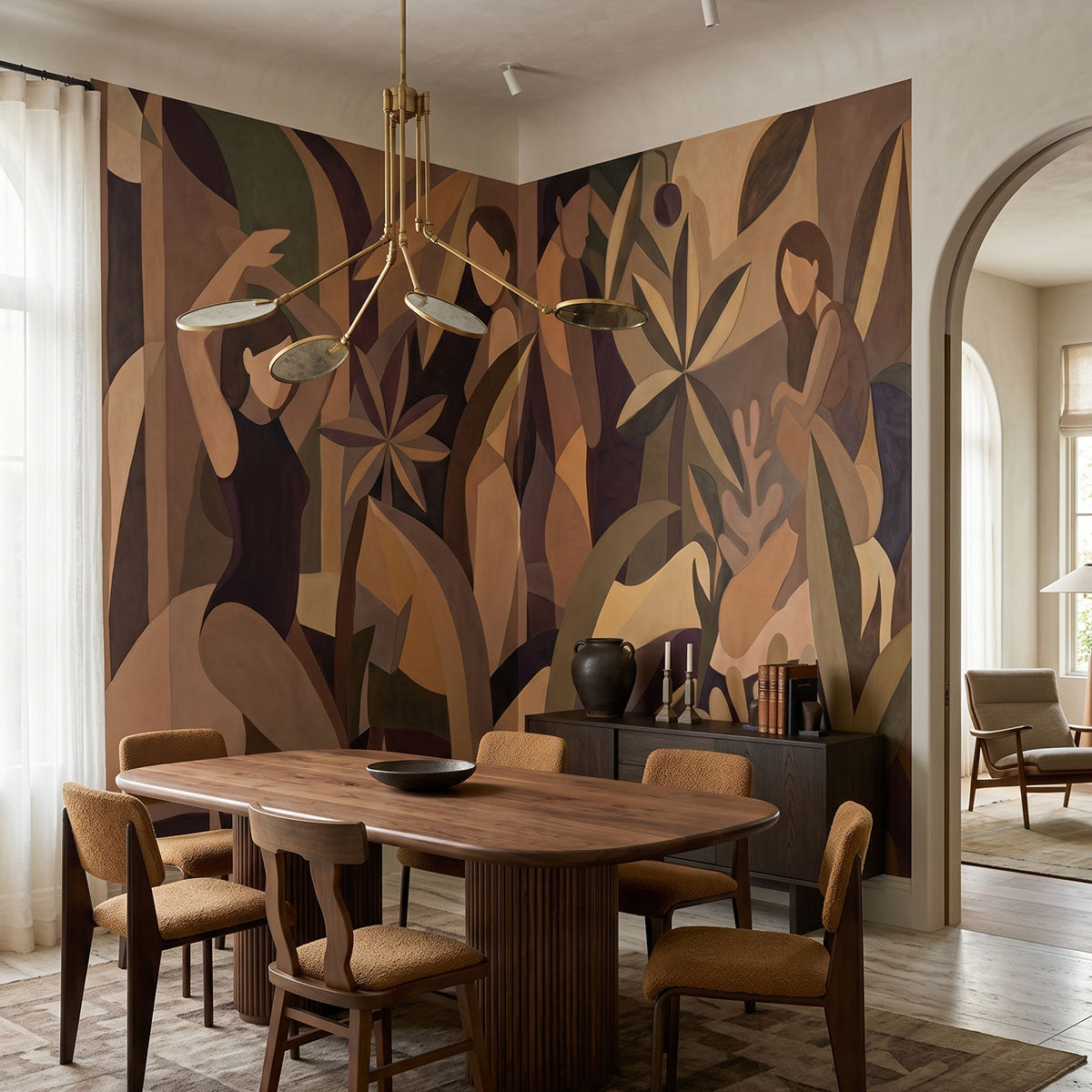Amber Muse wallpaper mural shown in dining room with round table and brown chairs