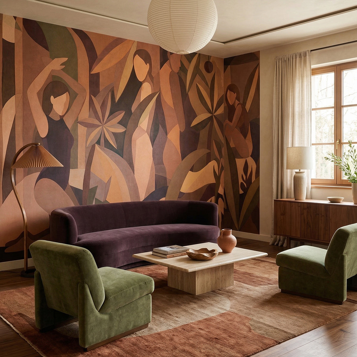 Amber Muse wallpaper mural shown in living room with purple sofa and green armchairs