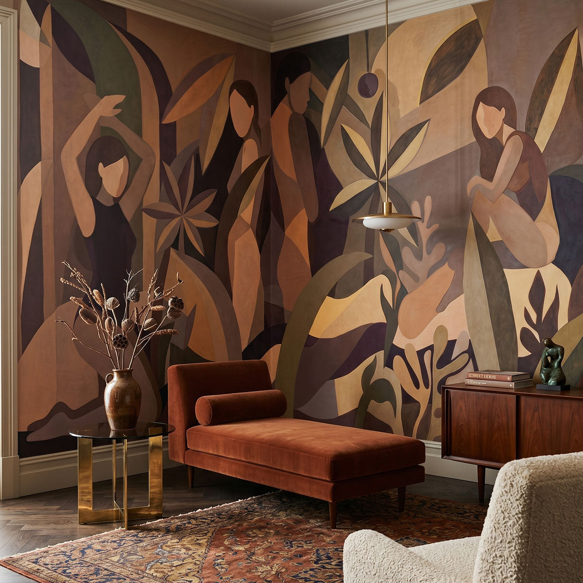 Amber Muse wallpaper mural shown in living room with rust sofa and boucle chair