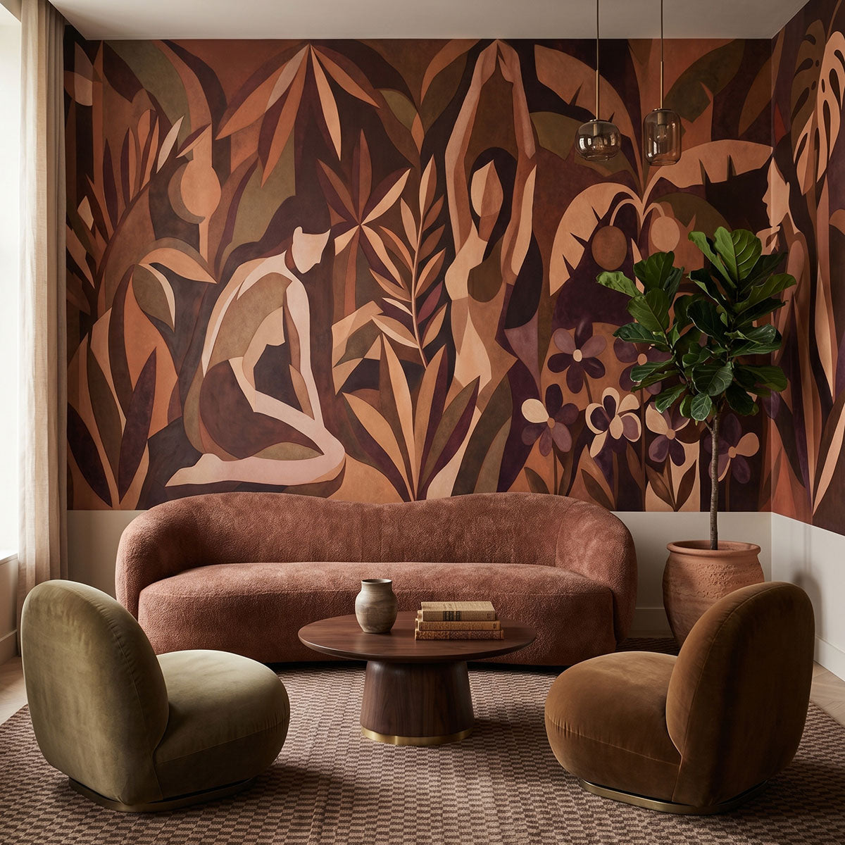 Amber Veil wallpaper mural shown in living room with brown sofa and green armchair