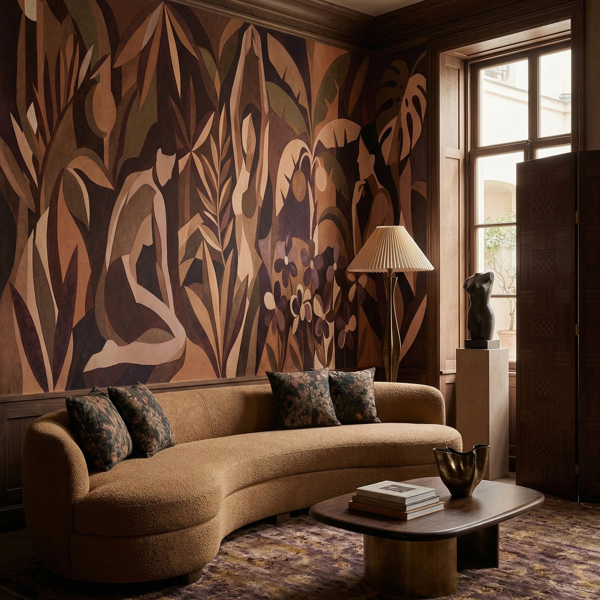 Amber Veil wallpaper mural shown in living room with curved sofa and window