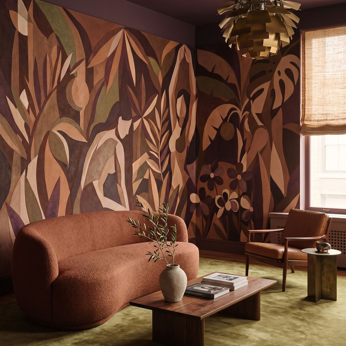 Amber Veil wallpaper mural shown in living room with rust sofa and green rug