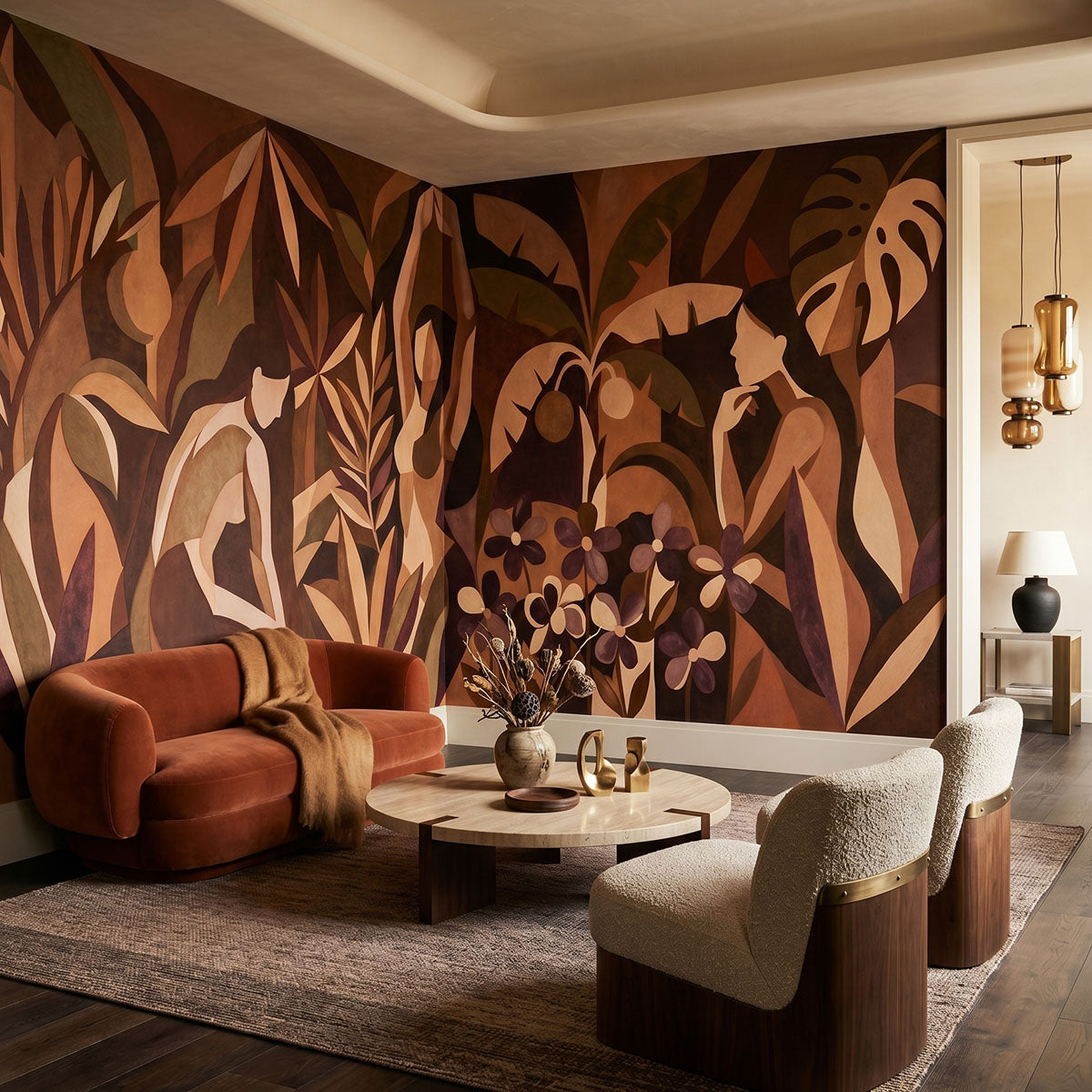 Amber Veil wallpaper mural shown in living room with rust sofa and white armchair
