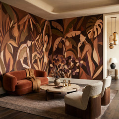 Amber Veil wallpaper mural shown in living room with rust sofa and white armchair