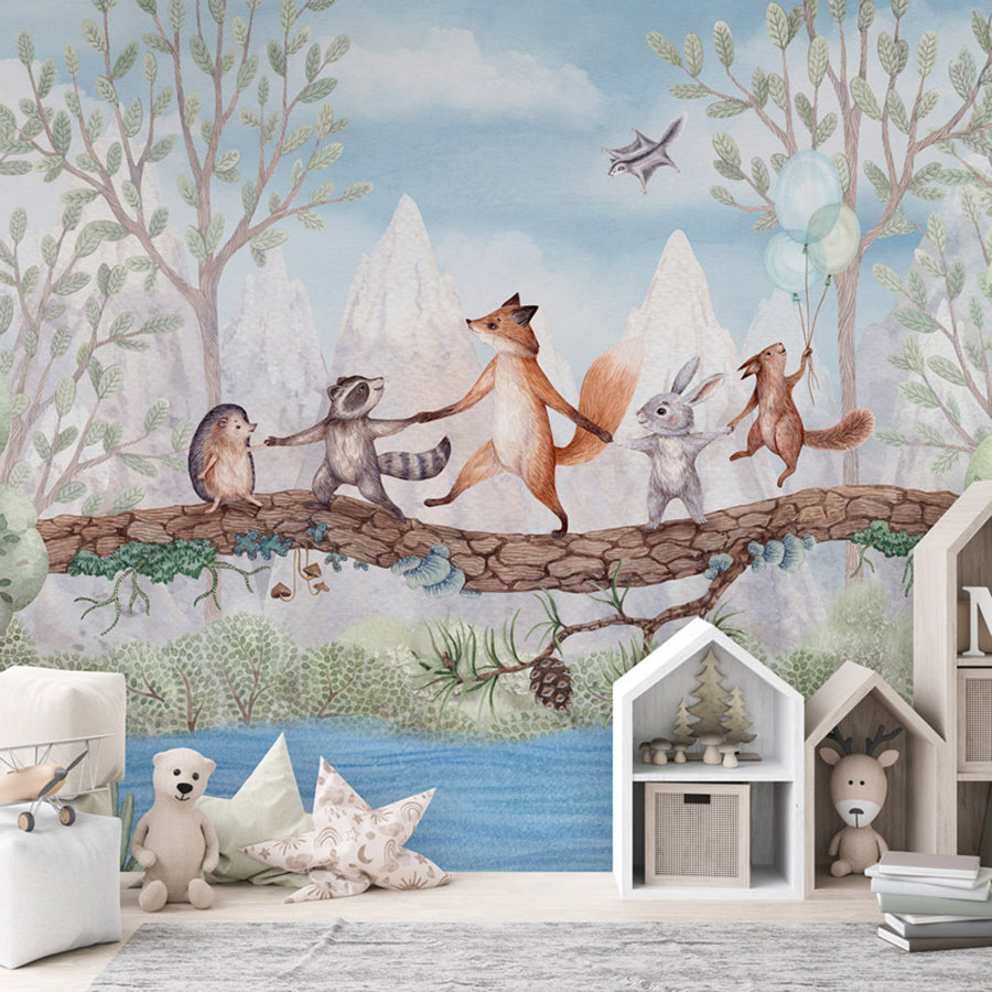Animal Adventure wallpaper mural shown in a children's bedroom house shelves