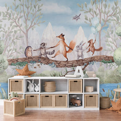 Animal Adventure wallpaper mural shown in a children's bedroom storage unit