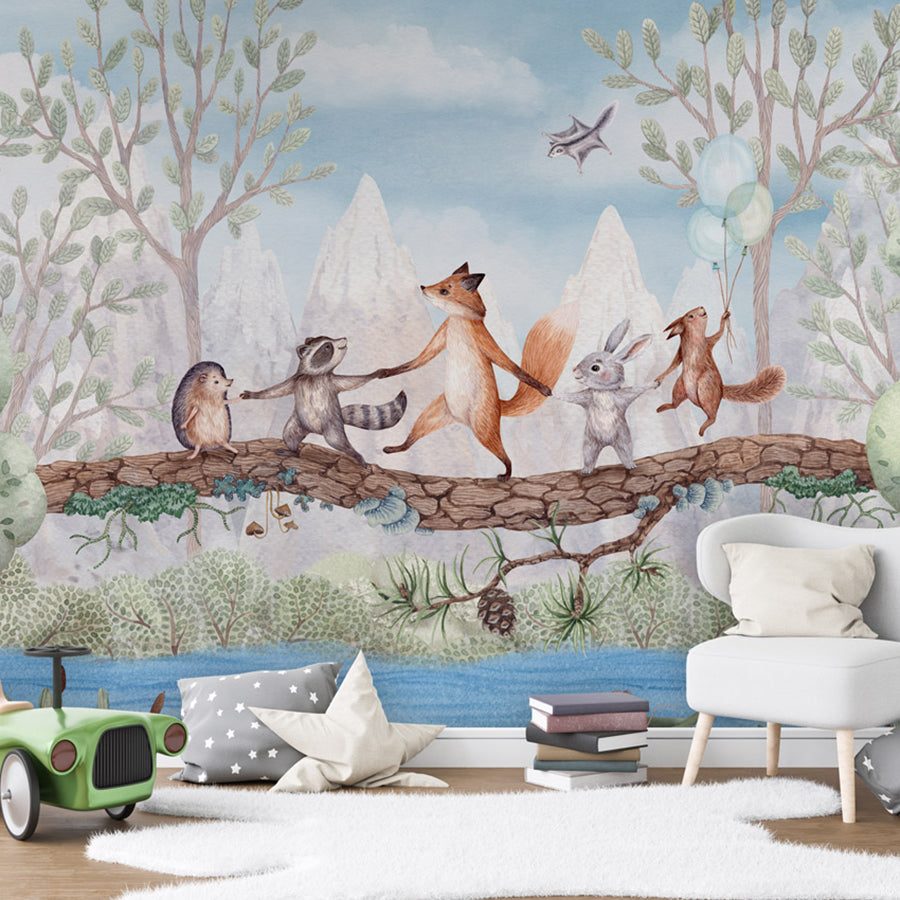 Animal Adventure wallpaper mural shown in a children's bedroom toy car