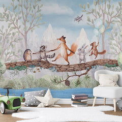 Animal Adventure wallpaper mural shown in a children's bedroom toy car