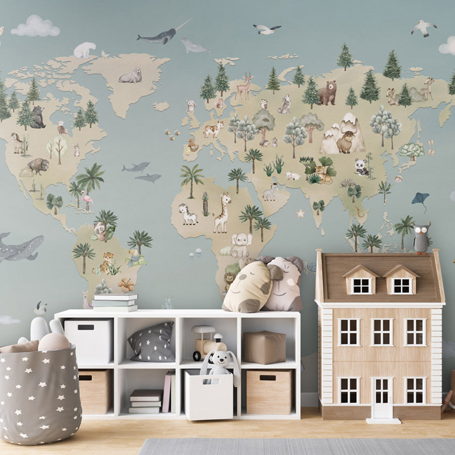 Animal Atlas – Blue wallpaper mural shown in a children's bedroom dolls house