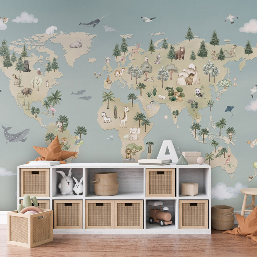 Animal Atlas – Blue wallpaper mural shown in a children's bedroom storage unit