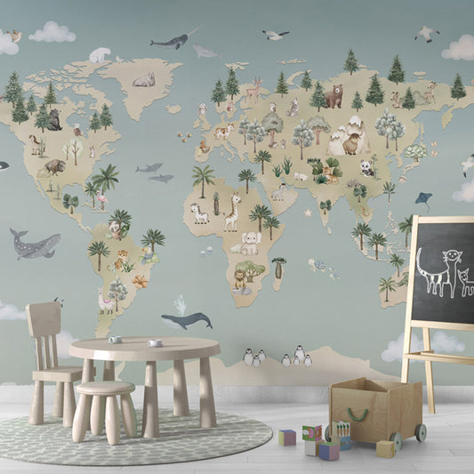 Animal Atlas – Blue wallpaper mural shown in a children's playroom chalkboard