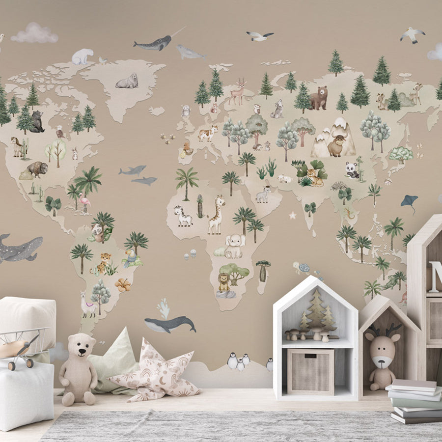 Animal Atlas – Brown wallpaper mural shown in a children's bedroom house shelves